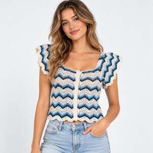 Broadway 38 Womens L Chevron Crochet Knit Button Front Cardigan Top Blue Boho